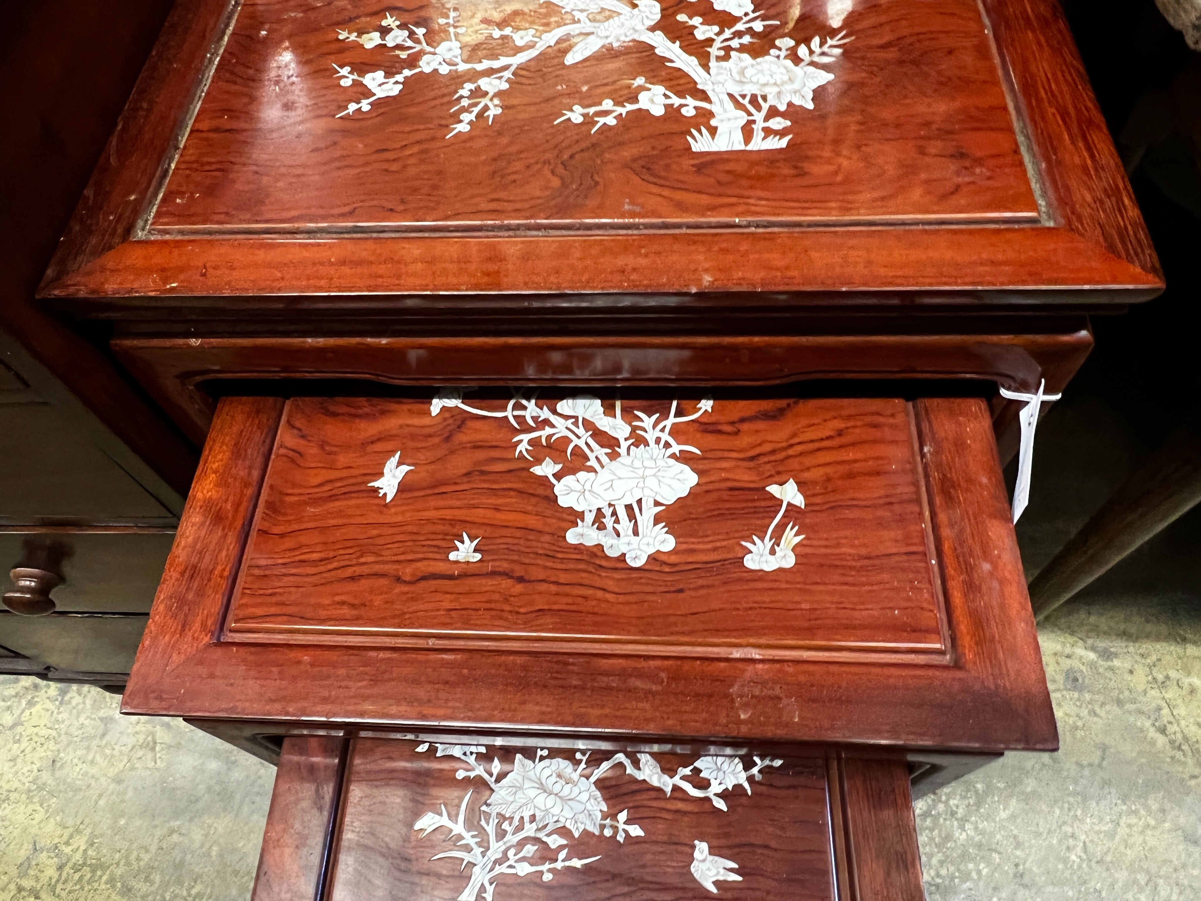 A quartetto of Chinese mother-of-pearl inlaid rectangular hardwood tea tables, width 50cm, depth 36cm, height 67cm